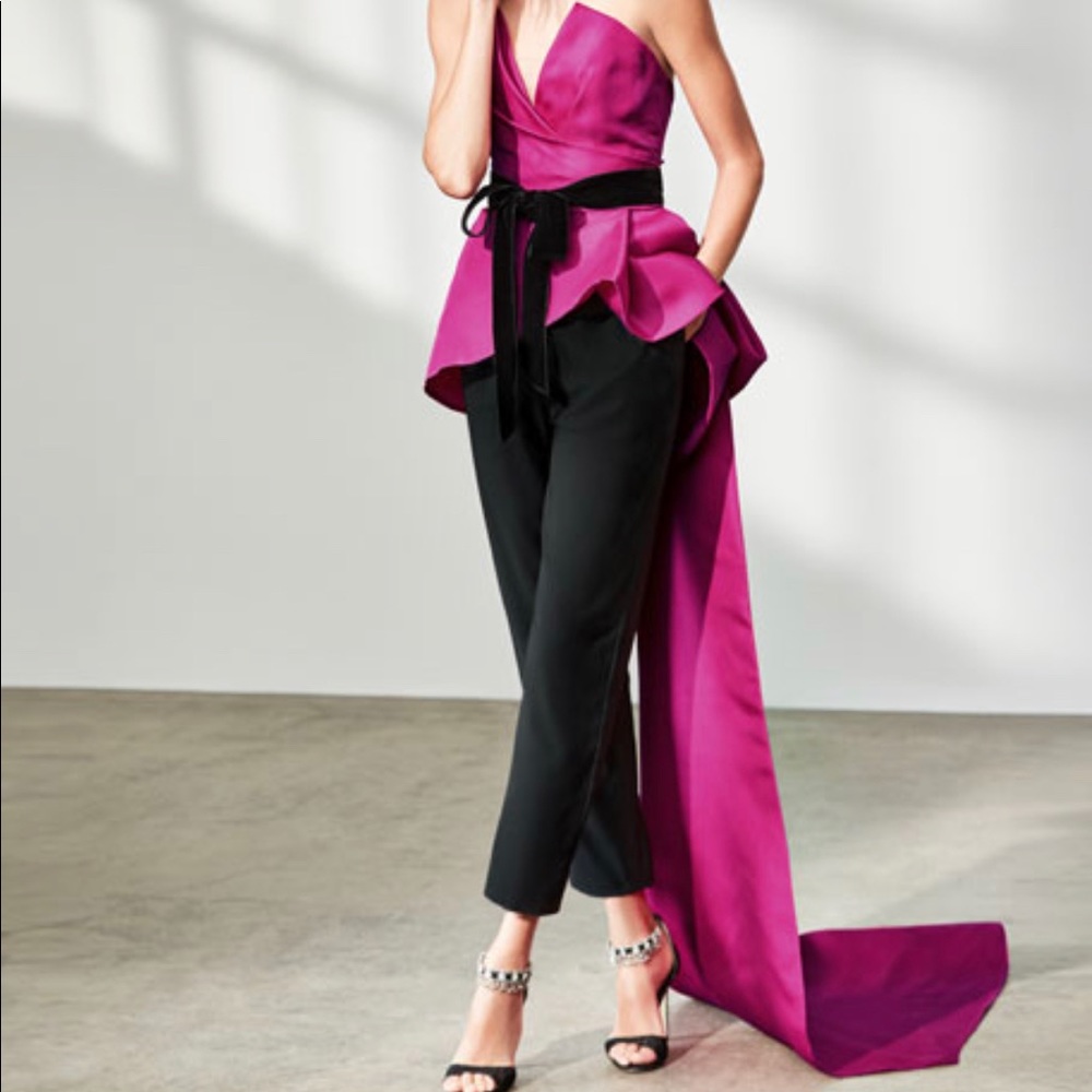 Monique Lhuillier Strapless Peplum Top with Velvet Bow